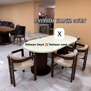 Mebel: - Yemək otağı dəsti: oval formalı masa + 6 ədəd kreslo tipli stul - — 1