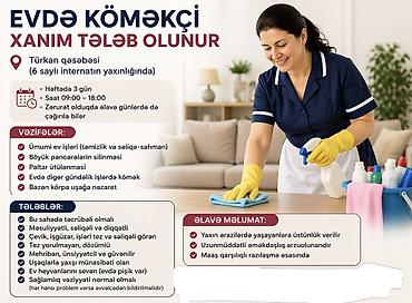 Работа: Evdə köməkçi xanım tələb olunur Türkan qəsəbəsində (6 saylı — 1
