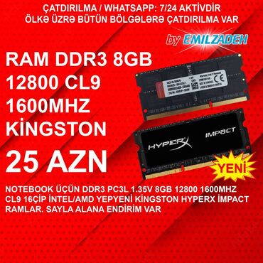 Masaüstü kompüterlər və iş stansiyaları: Operativ yaddaş (RAM) HyperX, 8 GB, 1600 Mhz, DDR3, Noutbuk üçün, Yeni