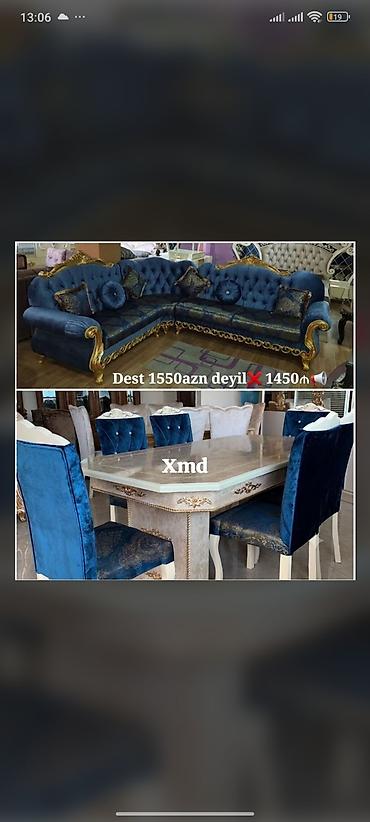 delloro mebel divanlar: Şahzadə üslubunda mavi-qızılı dəst mebellər - Künc divan: dərin mavi — 1