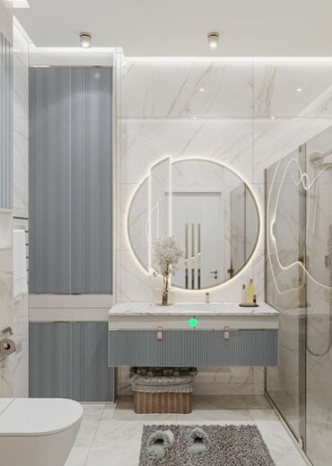 hamam ucun dolab: Mərmər divar fonunda, dairəvi işıqlı güzgüsü olan müasir üslubda hamam