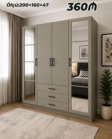 dola: Mebellə dolu şkaf – 4 qapılı, 3 siyirməli model Ölçü: 200 × 160 × 47 — 1