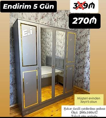 Dörd qapılı şkaf – güzgülü, boz rəngdə, qızılı haşiyələr ilə modern lalafo.az -da Dörd qapılı şkaf – güzgülü, boz rəngdə, qızılı haşiyələr ilə modern
