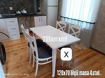kürsü masası: Ağ rəngdə yemək dəsti: - 120x70 sm ölçüdə düzbucaqlı masa - 4 ədəd — 1