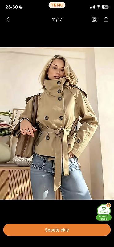 paltolar kisi ucun: 🧥 Qadınlar üçün xaki rəngli qısa trençkot ✨ Kəmərli bel, dik yaxa və — 1