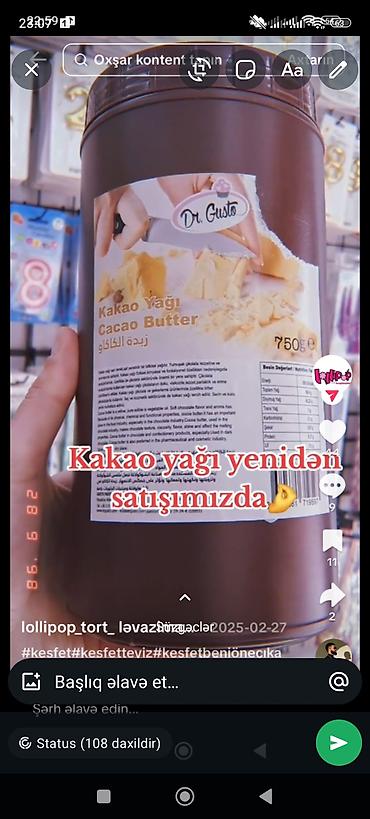zeytun yağı: Dr. Gusto Kakao Yağı – 750 q - Tərkib: Saf kakao yağı (Cacao Butter) — 2