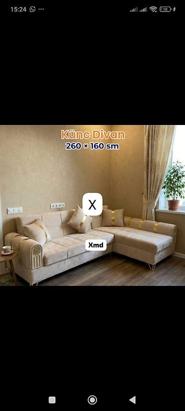 künc divan ölçüləri: Künc divan – 260 × 160 sm - Zərif bej rəngli, qızılı dekor lentləri — 1