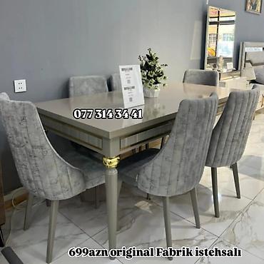 Yemək otağı dəsti – 1 masa + 6 stul - Rəng: Boz tonlarda, qızılı