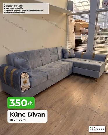 Диваны: Künc divan – 260×160 sm - Mexanizm: açılan, bazalı (yataq funksiyası — 1