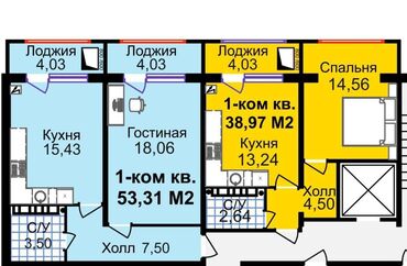 достук кв: 1 комната, 53 м², 108 серия, 8 этаж, ПСО (под самоотделку)