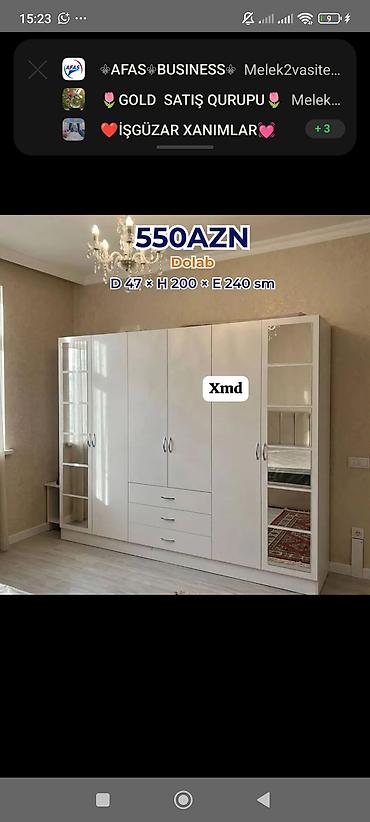 Dolablar: Ağ rəngli, çoxfunksiyalı paltar dolabı. Ölçülər: D 47 × H 200 × E 240 — 1