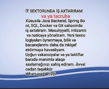 sekide is axtariram: İŞ AXTARİRAM İT sektorunda xüsusilə Java backend inkişafı (backend — 1