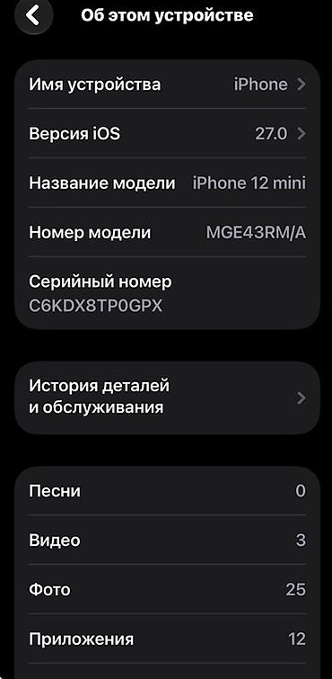 aiphone 13: IPhone 12 mini, модель MGE43RM/A, iOS 27.0. Компактный OLED‑дисплей — 4