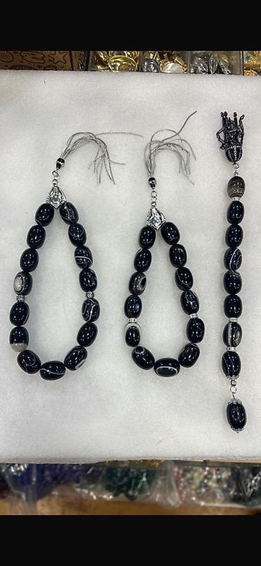Qara oniks daşlarından hazırlanmış təsbeh dəsti - Material: Təbii