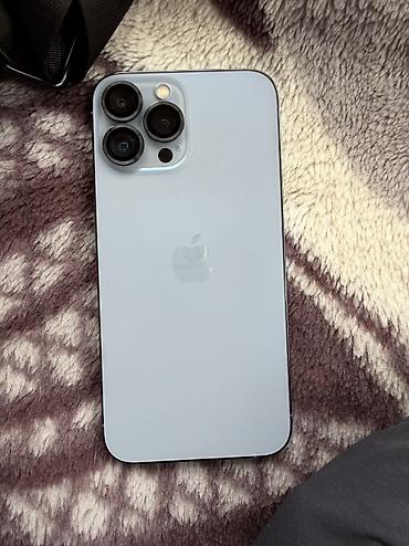 Уюлдук телефондор жана аксессуарлар: IPhone 13 Pro Max, Колдонулган, 128 ГБ, Көгүлтүр, Кулакчындар, Коргоочу айнек, Каптама, 77 % — 2