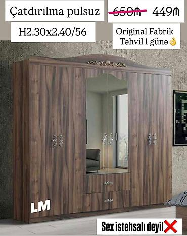 Шкафы: Yataq otağı üçün 5 qapılı şkaf - Ölçü: H 2.30 x 2.40 x 56 sm - — 1