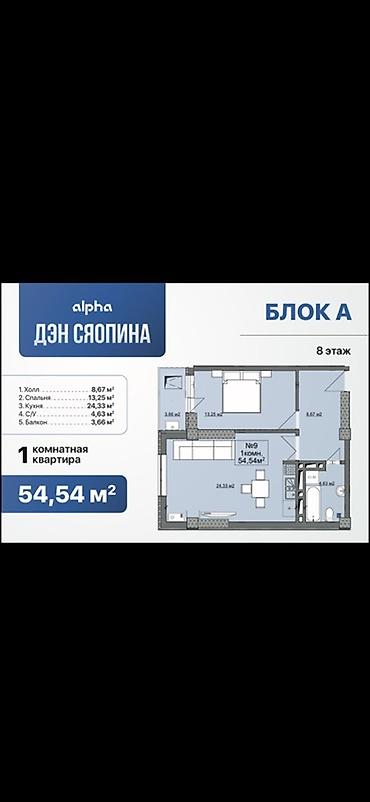1 комната, 54 м², 8 этаж
