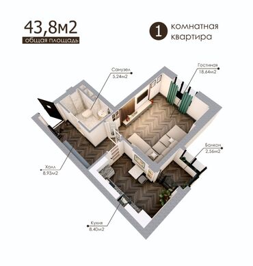 1 комната квартира в Кыргызстан | Продажа квартир: 1 комната, 43 м², 10 этаж, Без ремонта