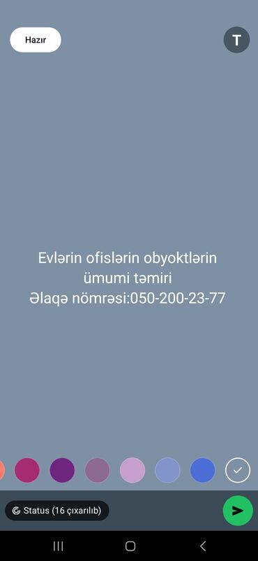 Tədbirlərin təşkili: Xidmət: Ev, ofis və obyektlərin ümumi təmiri Təsvir: - Mənzil, ofis