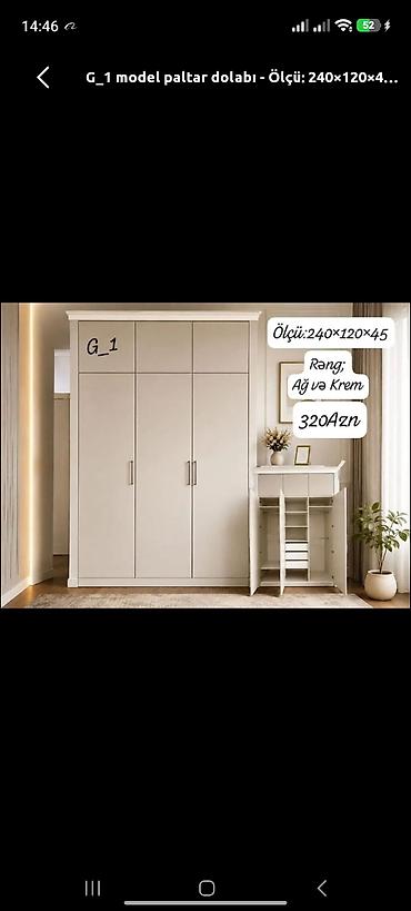 Dolablar: G_1 model paltar dolabı - Ölçü: 240 × 120 × 45 sm - Rəng: ağ və krem — 1