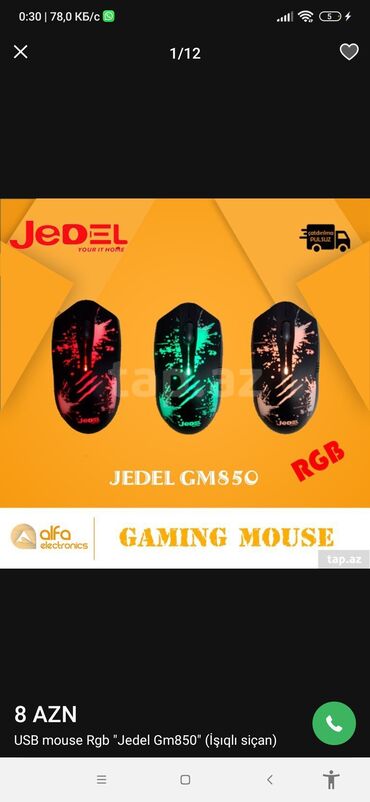 Boşqablar: Jedel GM850 model nömrəli, RGB işıqlandırmalı oyun siçanı. Bu USB