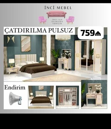 Yataq otağı dəstləri: 2 təknəfərlik çarpayı, Dolab, Tumba, 2 tumba, Azərbaycan, Yeni