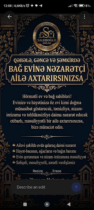 Домашний персонал и уборка: Qəbələ, Gəncə və Şəmkir bölgələrində bağ evi və həyətə nəzarət xidməti — 1
