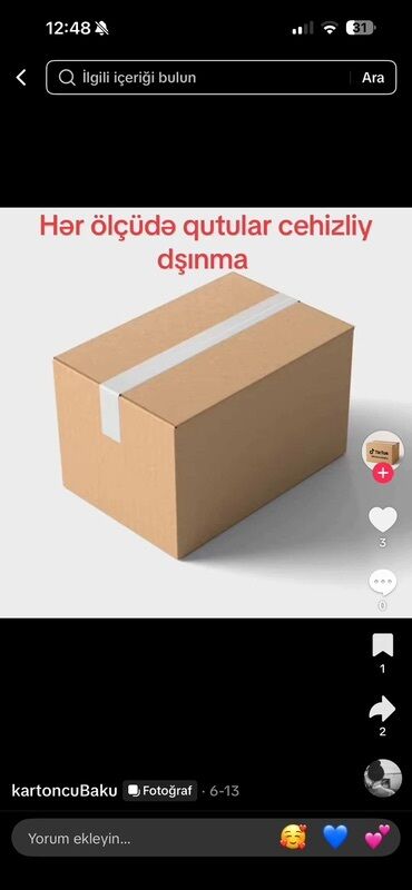 Tulumlar: Məhsul: Karton qutular (hər ölçüdə) Təsvir: - E-ticarət, göndəriş