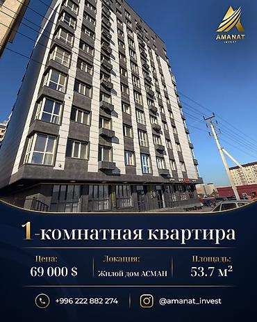 69: 1 комната, 53 м², Кок-Жар ж/м 12 этаж, ПСО (под самоотделку) — 1