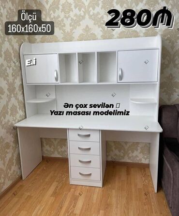 стол трансформер: Ağ rəngdə funksional yazı masası - Ölçü: 160 x 160 x 50 sm (şəkildə