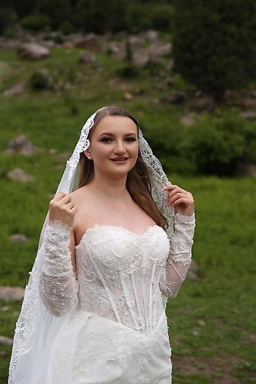 свадебные перчатки: Свадебное платье, M, Со шлейфом, Фатин, Кружево, Б/у — 6