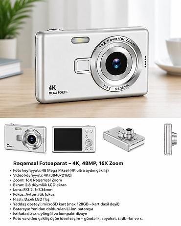 Foto və videokameralar: Rəqəmsal Fotoaparat – 4K, 48MP, 16X Zoom - Foto keyfiyyəti: 48 MP (4K — 1