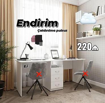 ofis stulları: İkili iş masası – ağ rəngdə, geniş iş səthi və ortada 3 çekmecəli — 1