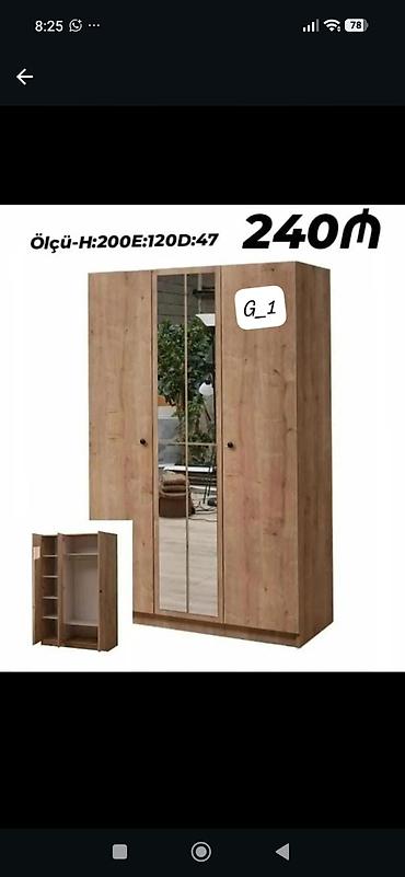3 qapılı paltar şkafı, mərkəzdə tam boy güzgü ilə. Təbii ağac naxışlı