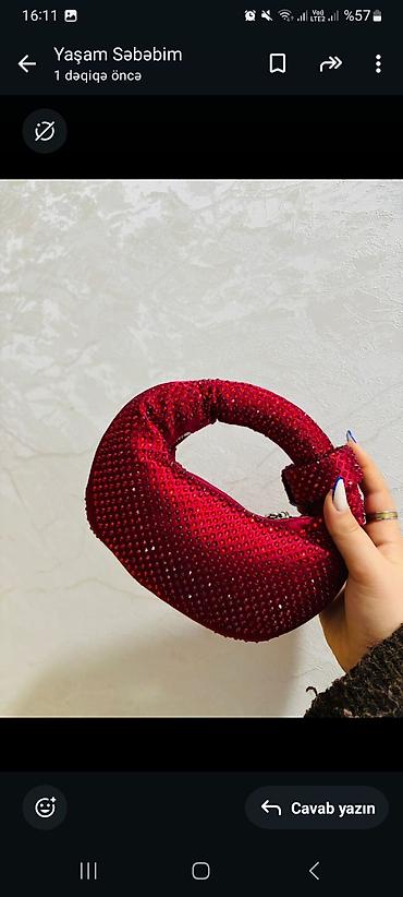 böyük çantalar: Qırmızı rəngli, kristal daşlarla bəzədilmiş çiyin/əl çantası - Forma — 1