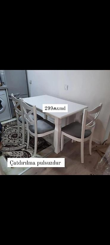 masa ve oturacag: Mətbəx/Qonaq otağı üçün yemək dəsti – 1 masa + 4 stul - Rəng: ağ — 1
