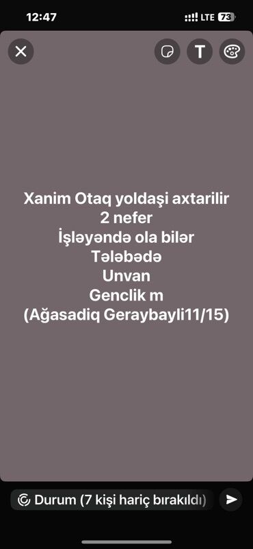 kirayə 1 otaq: Xanım otaq yoldaşı axtarılır. İki nəfər üçün uyğundur, həm işləyən