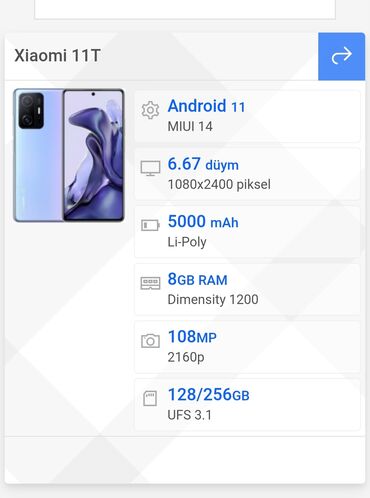 Xiaomi: Xiaomi 11T, 256 GB, rəng - Ağ