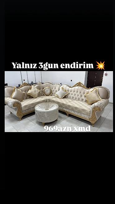 puf kreslo: Klassik üslubda L formalı künc divan dəsti. - Rəng: krem-bej — 2