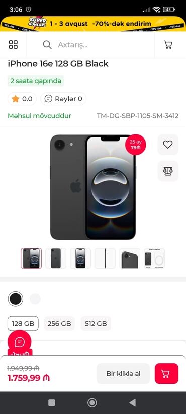 Apple iPhone: IPhone 16e, 128 GB, Qara, Sənədlərlə