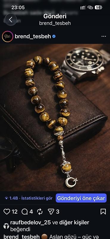 Бижутерия: Məhsul: Təbii “Aslan gözü” (Tiger’s Eye) daşından tesbeh - Material — 2