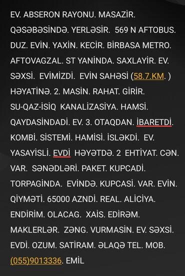 Həyət evləri və villaların satışı: Masazır 3 otaqlı, 58 kv. m, Kredit yoxdur, Orta təmir