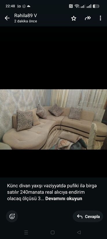 Pufiklər: Künc divan yaxşı vəziyyətdə pufiki ilə birgə satılır 240manata real