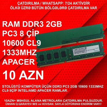 Masaüstü kompüterlər və iş stansiyaları: Operativ yaddaş (RAM) 2 GB, 1333 Mhz, DDR3, PC üçün, İşlənmiş