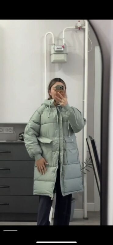 длинное трикотажное платье с капюшоном: Пуховик, Длинная модель, Стеганый, 2XL