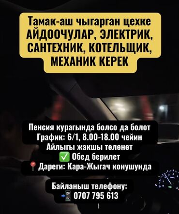 удаленная работа на дому: Тамак-аш чыгарган цехке АЙДООЧУЛАР, ЭЛЕКТРИК, САНТЕХНИК, КОТЕЛЬЩИК