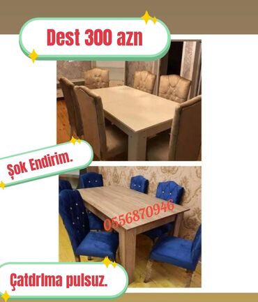 Masa və oturacaq dəstləri: Qonaq otağı üçün, Yeni, Açılmayan, Dördbucaq masa, 6 stul