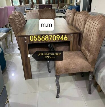 Masa və oturacaq dəstləri: Qonaq otağı üçün, Yeni, Açılmayan, Dördbucaq masa, 6 stul — 28