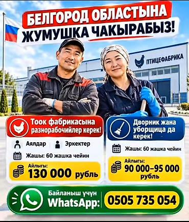 жумуш берилет бишкек 2019: Вакансии в Белгородской области (птицефабрика) 1) Разнорабочие на — 1
