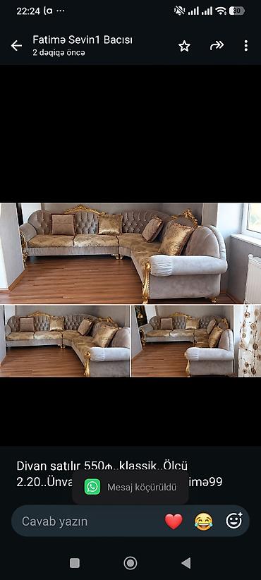 Divan satılır 550₼. klassik. Ölçü 2.20. Ünvan binə qəs. 8114. Fatimə99